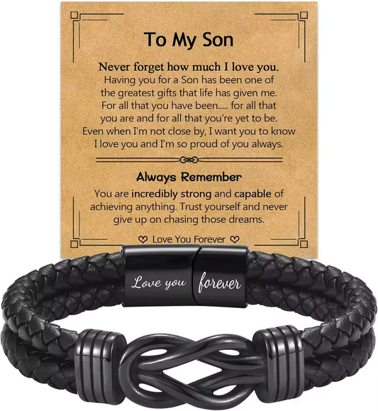 Black Leather Infinity Knot Bracelet for Men and Boys